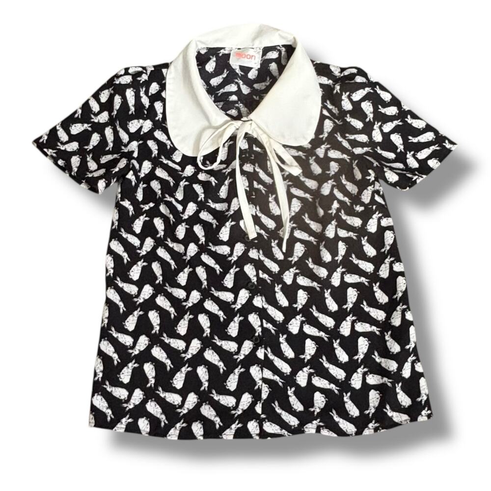 Moon Top Rabbit Print Blouse Black White Exaggerated Peter Pan‎ Collar Bow Tie